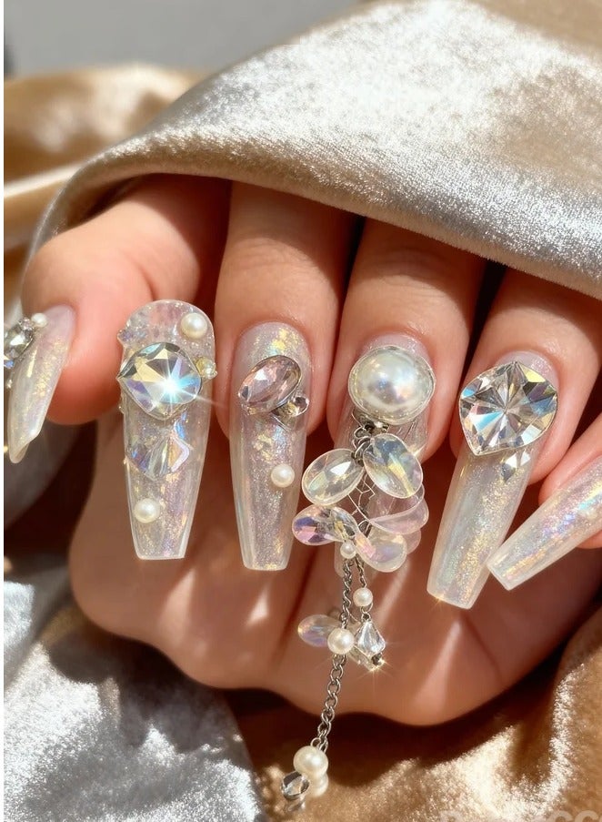 High-Cut Crystal 3D Press-On Nails (10 Pcs) – Handcrafted Luxury Set with   Sparkling Stones, No-UV Instant Application, 8-Layer Medical-Grade Gel, Reusable Design, Velvet Magnetic Gift Box for Weddings, Parties & Travel