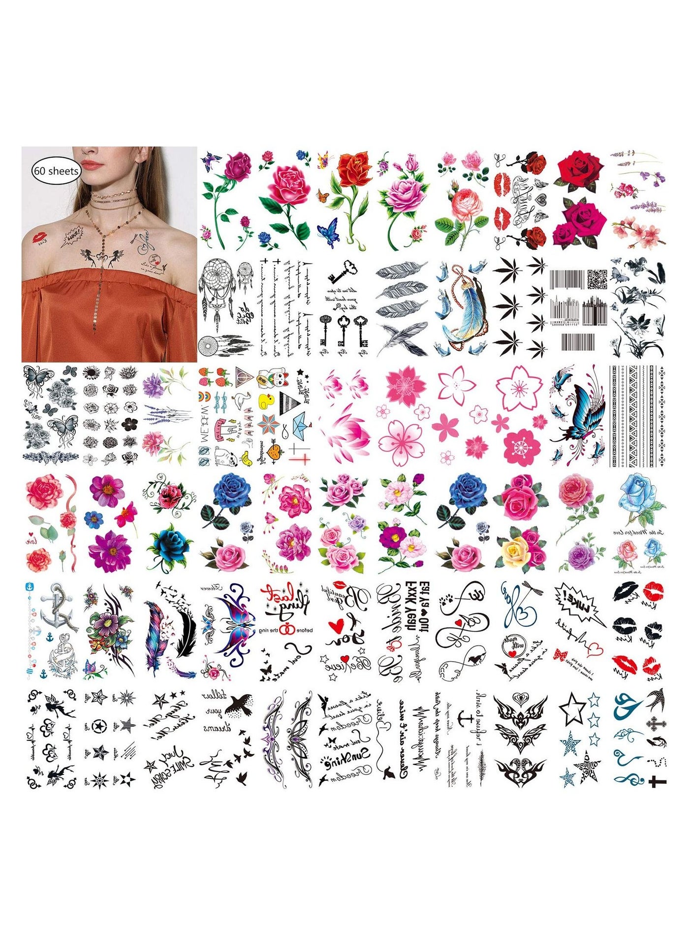 60 Sheets Waterproof Flower Floral Body Arm Sleeve Art Fake Temporary Tattoo Sticker for Women
