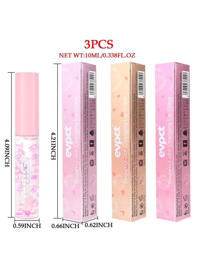 3Pcs Clear Color Changing PH Tinted Lip Gloss Sets for Women Girls 10-12 Pink Mood Lip Oil Gloss Balm Tint Stain Glaze Pack Hydrating 0.34 fl.oz *3
