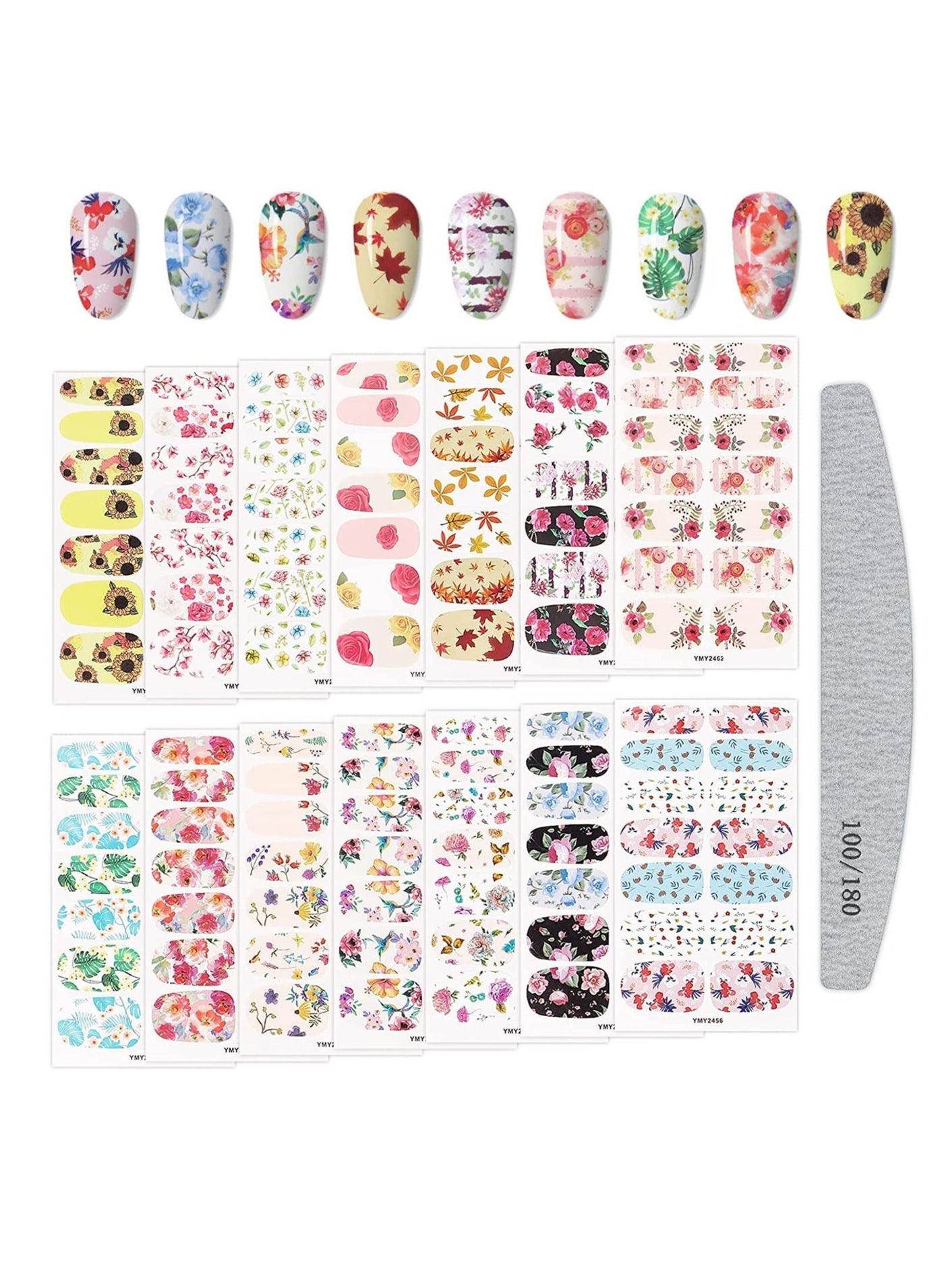 Full Wraps Nail Polish Stickers, 14 Sheets Flowers Nail Stickers Decals Nail Design Stickers Colorful Flower Print Self-Adhesive with Nail File for Fingernails Decor Manicure