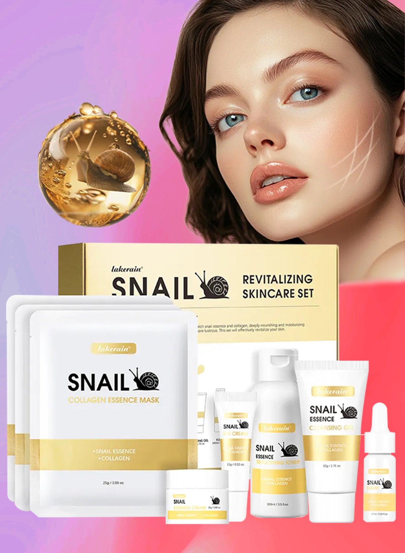6 in 1 Revitalizing Skincare Set Snail Skin Care Kit with Cleansing Gel Toner Serum Eye Cream Essence Cream and Face Mask Gifts for Women Men Moisturizing Firming Facial Skin Collagen Kit