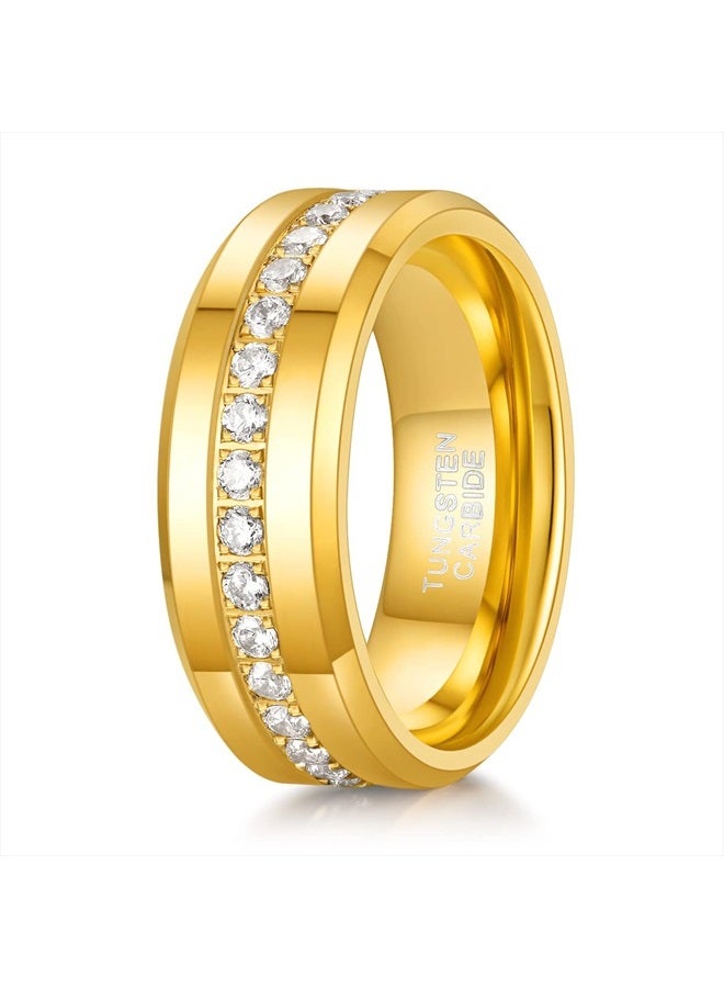 8mm Mens Wedding Band Tungsten Rings for Men with White Cubic Zirconia Eternity Ring CZ Inlaid Gold Mens Rings Beveled Edges Comfort Fit Size 11.5