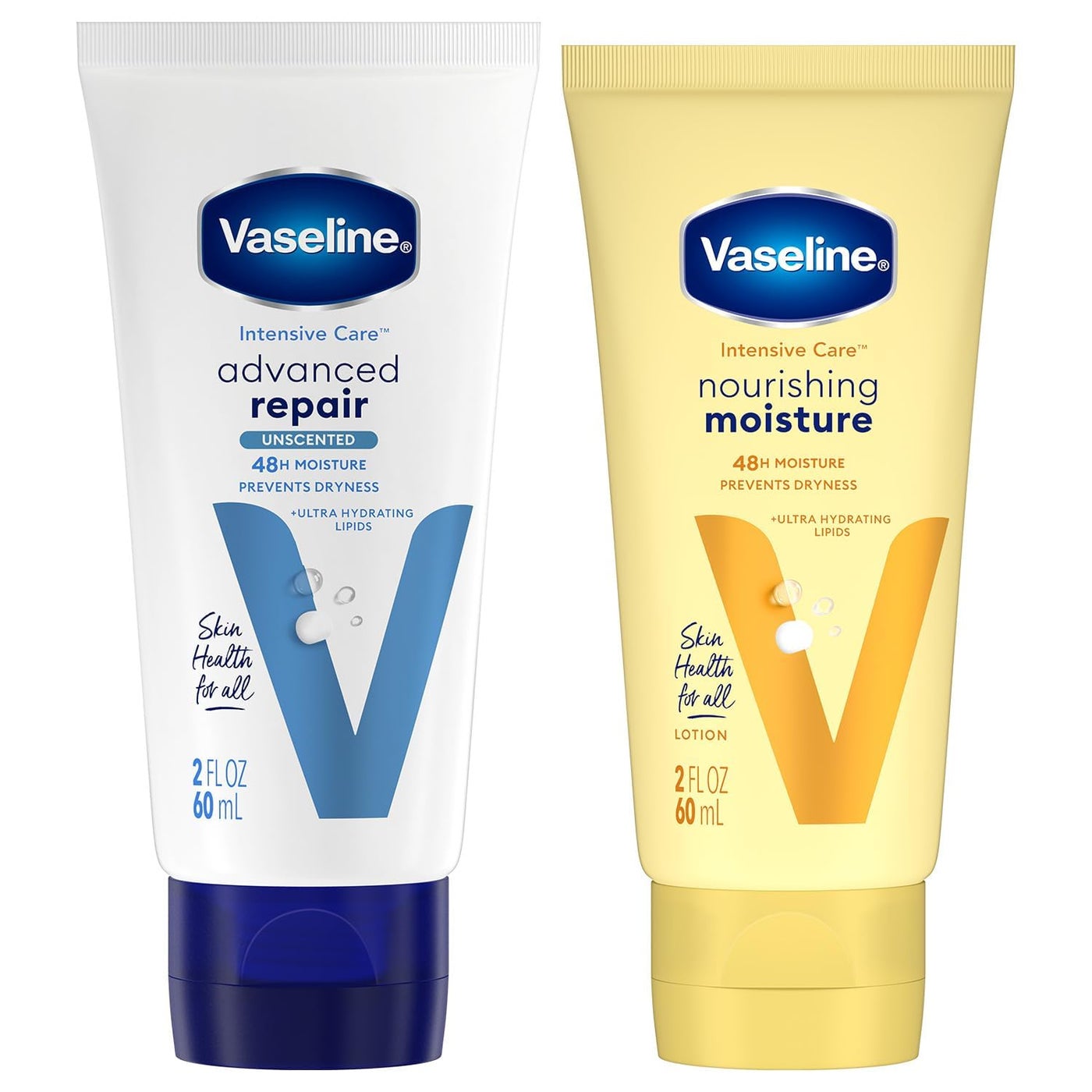Vaseline Intensive Care Lotion Bundle â€“ Advanced Repair Unscented Lotion & Nourishing Moisture Hand & Body for Extremely Dry Skin, 2 Oz Ea (2 Piece Set)
