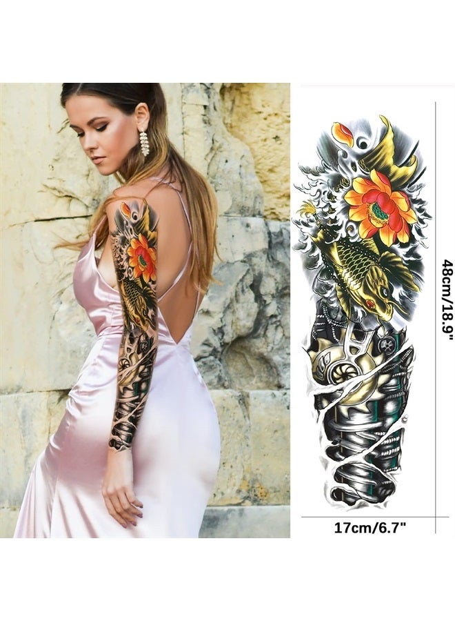 Realistic Fish Sleeve Tattoo Stickers, Full Arm Fish Flower Fake Tempoary Tattoo Sleeve For Women Kid, Long Lasting Large Color Arm Temp Tatoo Boy Girl Leg Body Art Makeup, 4-Sheet