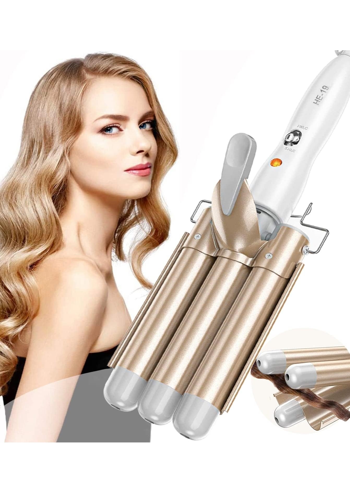Three Barrel Hair Waver 25MM Big Wave Hair Curling Iron Wand with Two Speed Temperature Control, Ceramic Tourmaline Triple Barrels, Dual Voltage Crimp, Gold