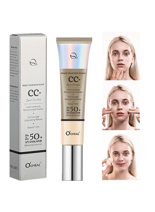 CC Cream, Full Coverage Foundation With SPF 50+ Whitening Sunscreen, CC Cream Foundation Anti-Redness, Colour Correcting And Brightening Face Cream, Skin Tone Adjusting CC Cream,( #01 Ivory Tint)