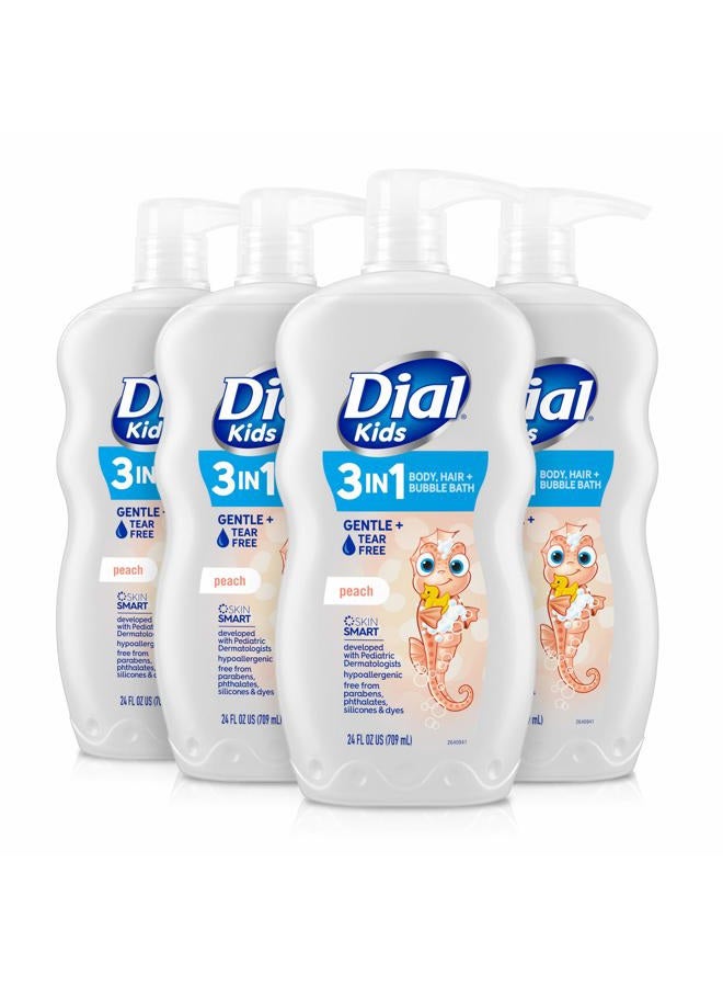 Kids 3-in-1 Body + Hair + Bubble Bath, Peach, 24 fl oz (Pack of 4)