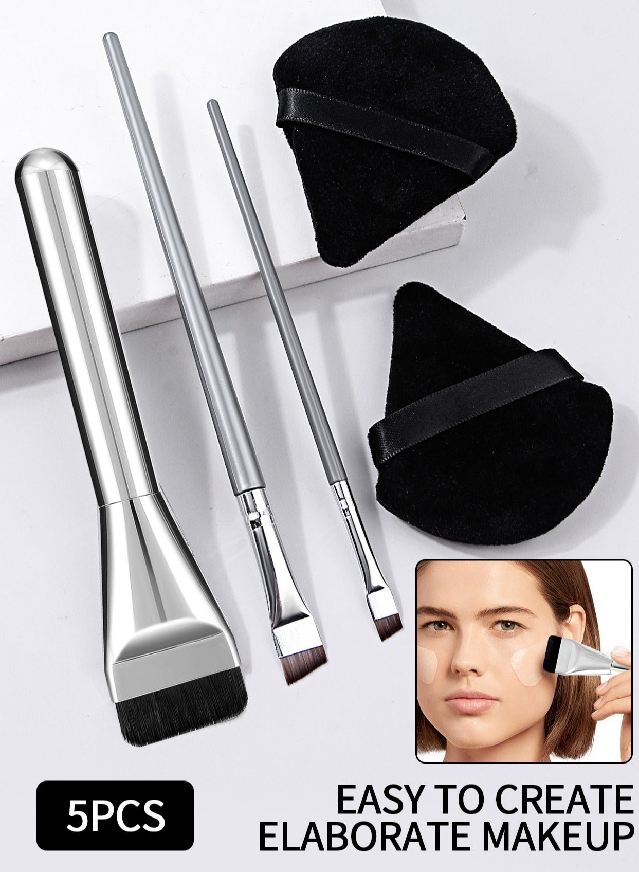 5PCS Ultra-Thin Silver Foundation & Eyeliner Brush Set - Flat-Top Streak-Free Makeup Brush, Non-Absorbing, Ideal for Foundation, Concealer & Mask Application