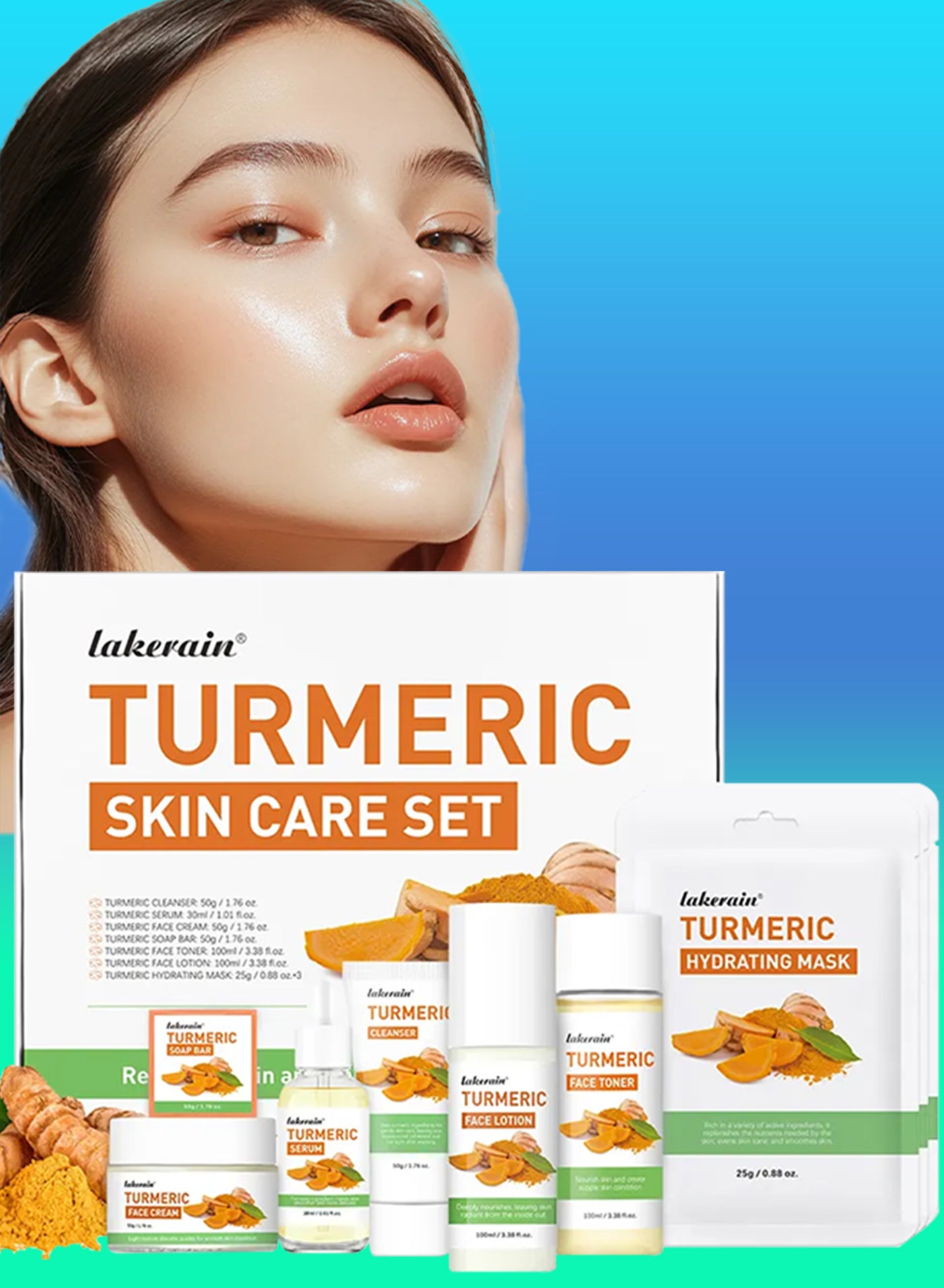 Turmeric Skincare Set with Cleanser Serum Face Cream Soap Bar Face Toner Lotion and Hydrating Facial Mask Nourishing Moisturizing Soothing Oil Control Facial Skin Care Gift Kit
