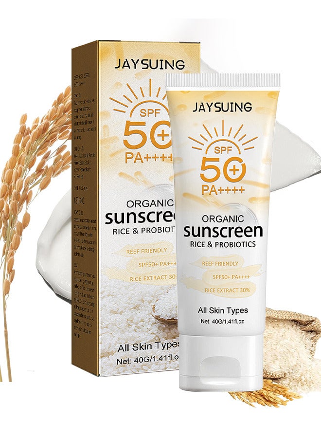 Organic Rice And Probiotics Sunscreen SPF 50+ PA++++, Moisturizing Sunscreen Protect Skin, Prevent UV Damage, Rice Probiotics Nourish And Whitening Skin, Sun Screen Protector For Face 40G