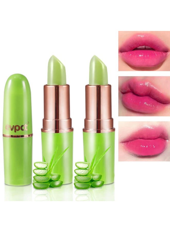 2Pcs Aloe Vera Lip Color Changing Lipstick Tinted Lip Balm Set Green Magic PH Lipstick Color Change Changing Crystal Flower Jelly Lipstick Gloss Stain Makeup Set for Women Girls Waterproof