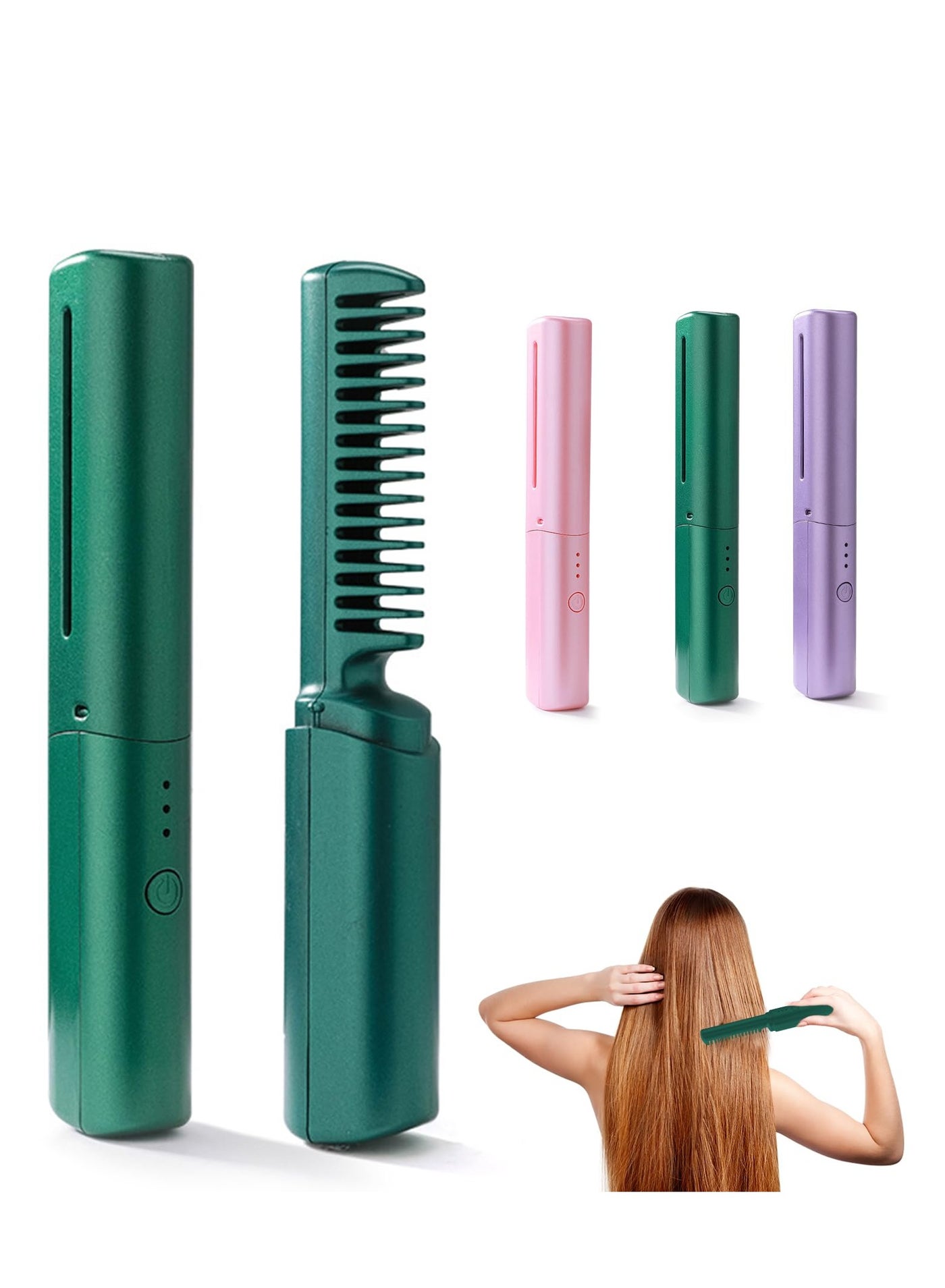 Mini Hair Straightener, Rechargeable Hair Straightener Brush, Portable Straightening Brush with Anti-Static Negative Ion, Hot Comb Hair Straightener for Women, for All Hair Types (Green)