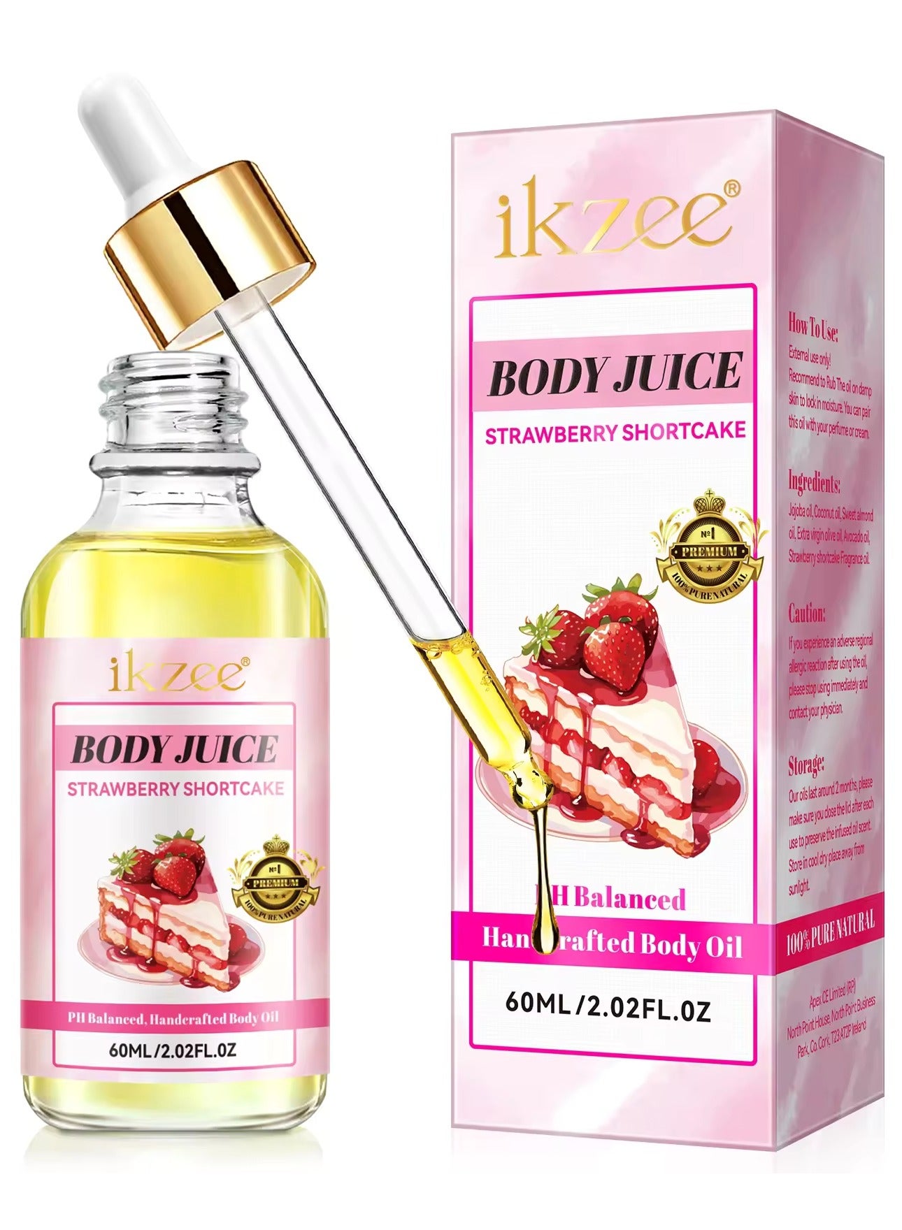 60ml Body Juice Oil Strawberry Hand Crafted Body Oil for Women Nourishing Hydrating & Moisturizing for All Skin Types with Natural Oils 100% Pure Natural Essence Body Juice Oil