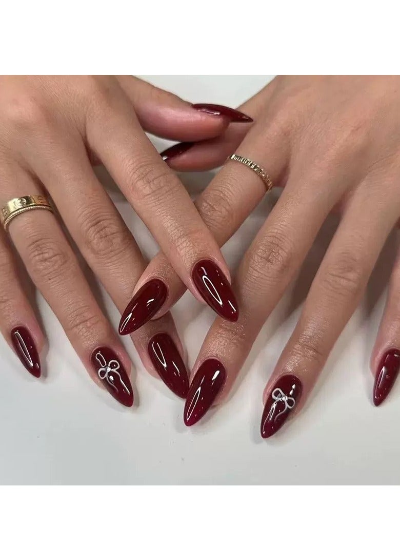 Press On False Nails 24Pcs,Almond-shaped Burgundy False Nails With Elegant Bow Patterns,Medium Fake Acrylic Nails With Glue Kit