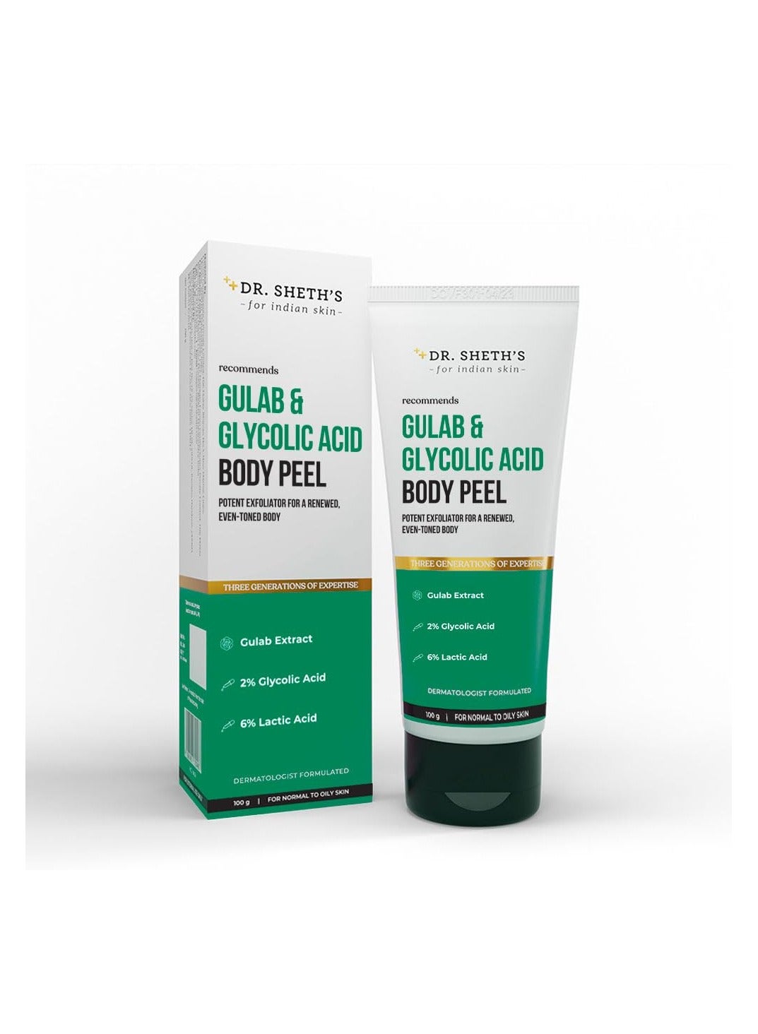 Dr. Sheth's Gulab & 2% Glycolic Acid Body Peel for Glowing Skin | 5 Mins Chemical Peel with 5% Lactic Acid & Rose Extracts | Exfoliating Peel for Brightening and Tan Removal | Men & Women | 100g