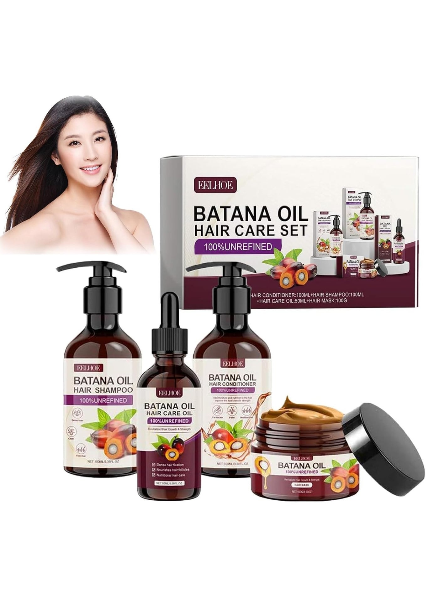 Batana Oil Volumizing Shampoo And Conditioner Set, Hair Care Repairs Anti-frizz, Deep Nourishes Scalp, Smooth Hair Travel Set Include Shampoo Conditioner Hair Mask Hair Oil (4pcs)