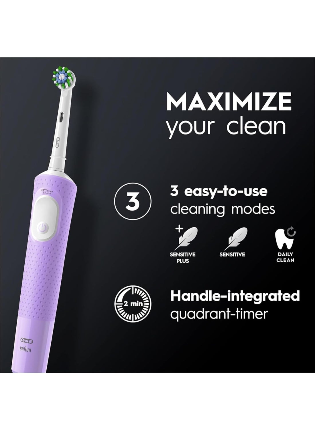Oral B Vitality D300 Tooth brush - 3 cleaning modes, Gentle brushing and 2 Minutes Built in Timer, Promo Pack  - D103.413.3 PK + BLK - image 4