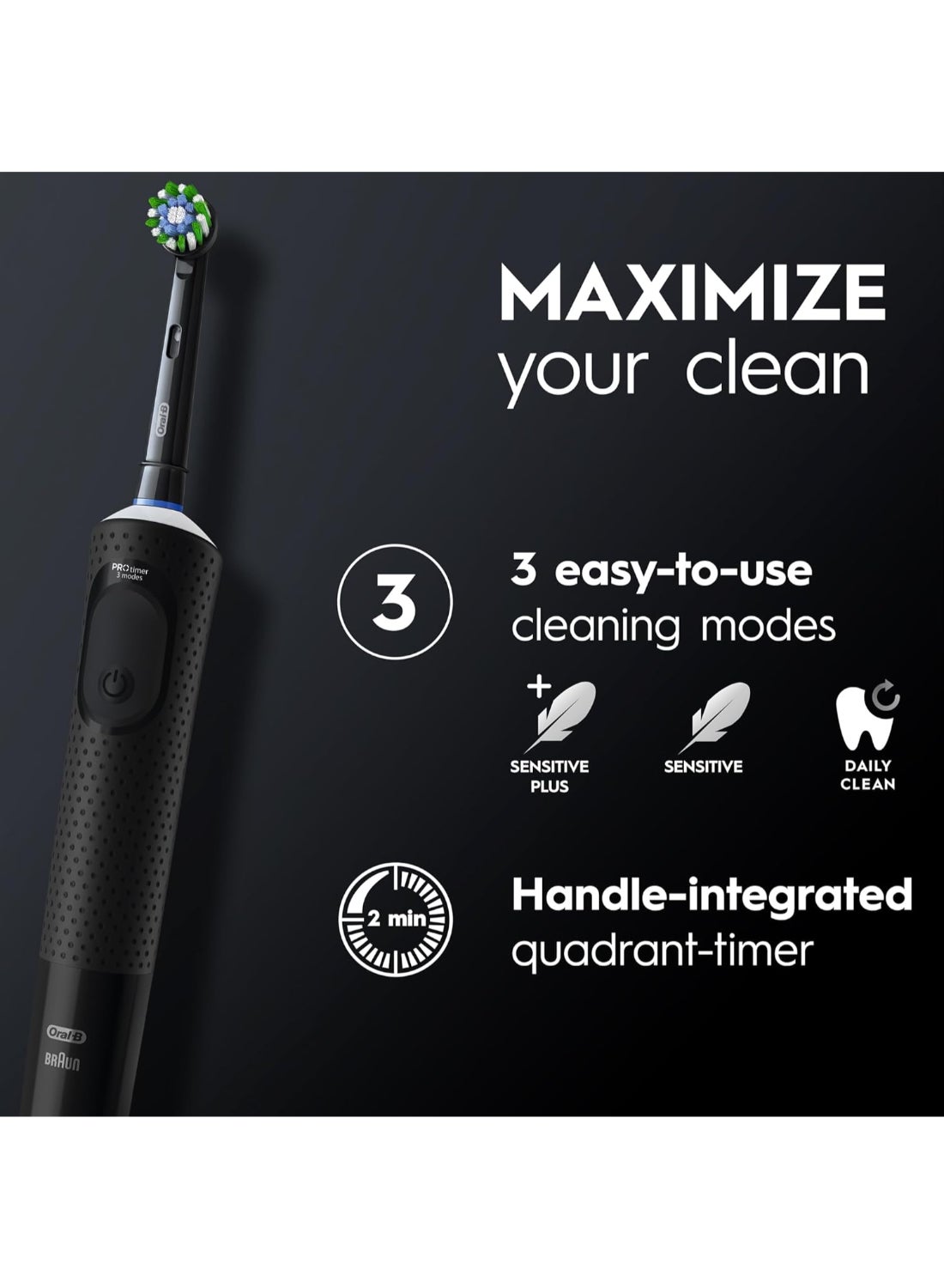 Oral B Vitality D300 Tooth brush - 3 cleaning modes, Gentle brushing and 2 Minutes Built in Timer, Promo Pack  - D103.413.3 PK + BLK - image 5