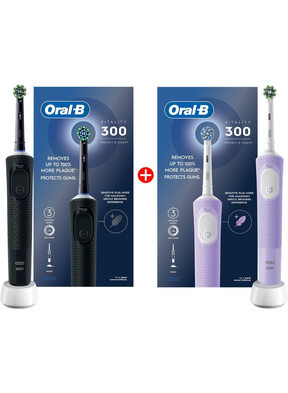 Oral B Vitality D300 Tooth brush - 3 cleaning modes, Gentle brushing and 2 Minutes Built in Timer, Promo Pack  - D103.413.3 PK + BLK
