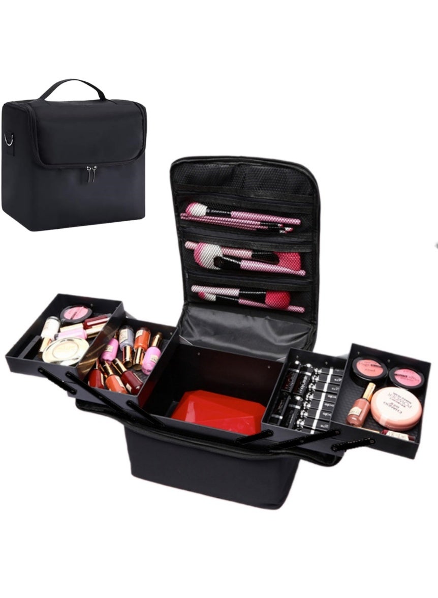 Waterproof 4 Foldable Trays Travel Cosmetic Bag - Lightweight Multifunctional Organizer with Dividers for Cosmetics, Brushes &，Toiletries(28*20*26cm)