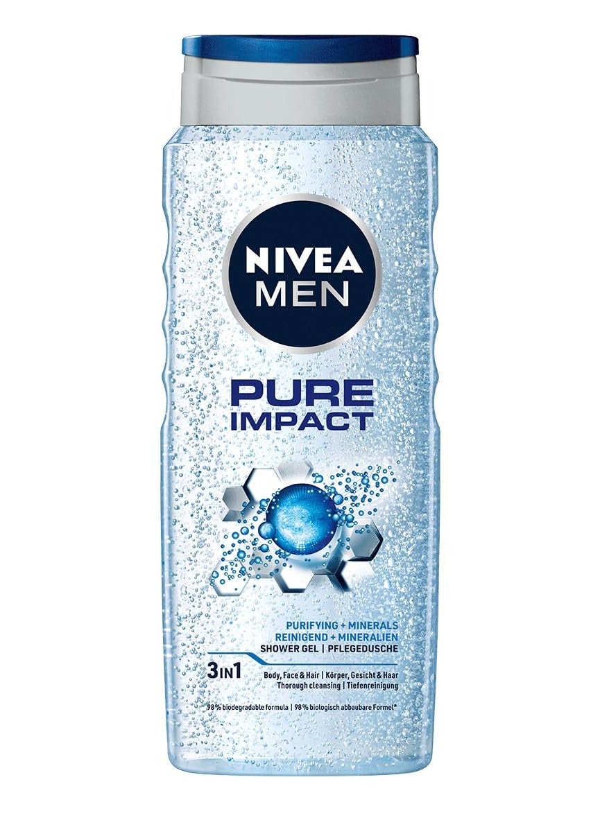 NIVEA MEN Pure Impact 500ml Body Wash Shower Gel for Face Body and Hair Purifying Micro Particles for Extra Fine Scrub and Instant Summer Freshness Clean Healthy and Moisturized Skin
