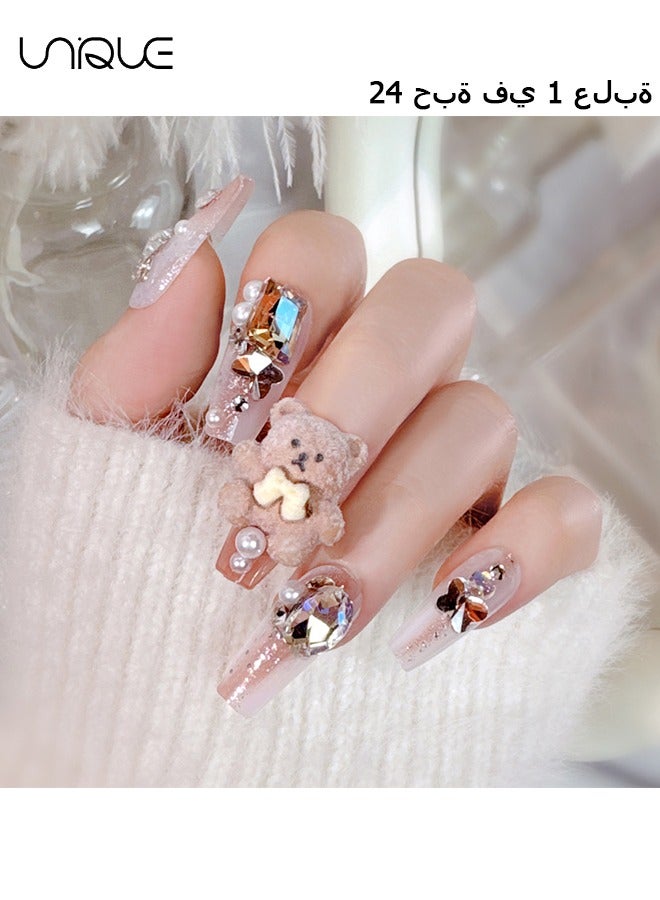 24Pcs Fake Nails, Press Nails, Mid-length Ballet Manicure - Gradient Sparkling Diamond Manicure - Cartoon Plush Bear Manicure - Fake Nail Patch