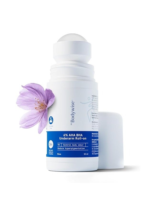 Underarm Roll On |6% AHA BHA 1% Salicylic Acid, 4% Lactic Acid | Prevents Odour, Pigmentation | Brightens Skin, Kills Bacteria I Long Lasting | 0% Alcohol I Flora Advanced I 50ml