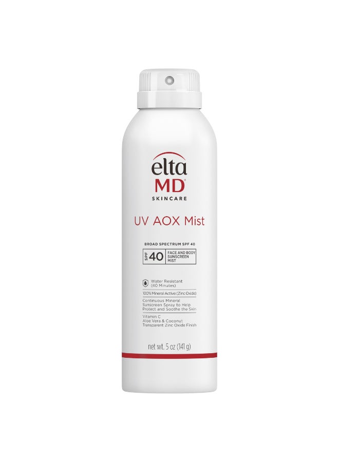 UV AOX Mist Mineral Sunscreen Spray SPF 40 (5.0 Oz) – Antioxidant Mineral UV Protection for Face & Body, with Zinc Oxide, Water-Resistant, Continuous Spray