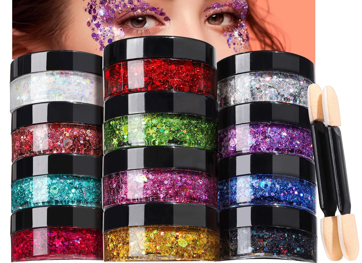 Teenitor Face Glitter Makeup Glitter, 12 Colors Face and Body Glitter Gel for Festival Makeup, Gel Hair Glitter for Face, Body, Hair, Total 120g/4.23oz