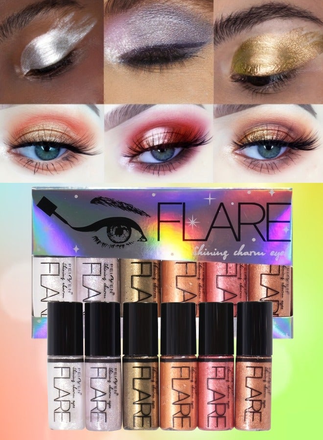 6 Colors Charm Shine Liquid Eyeliner Glitter Eyeshadow Highlighter Eyeliner Makeup Stick Quick Drying Metallic Shimmer Glitter Eyeliner Sparkly Waterproof Long Lasting Eye Liner SET B