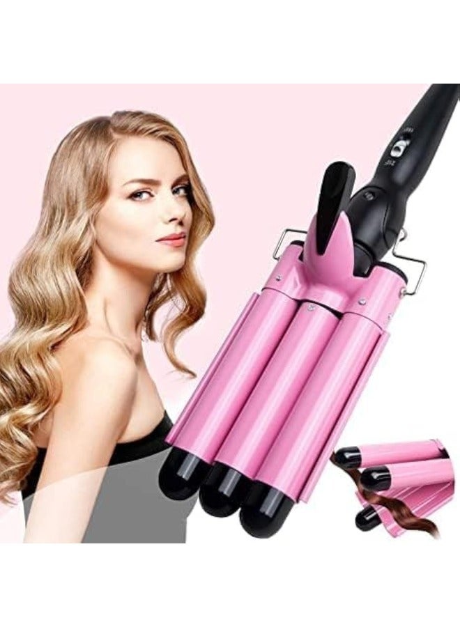 Triple Barrel Curling Iron - 1-Inch Hair Waver for Mermaid Beach Waves, Adjustable Temperature Ceramic Tourmaline Curler, Fast Heating (Pink)