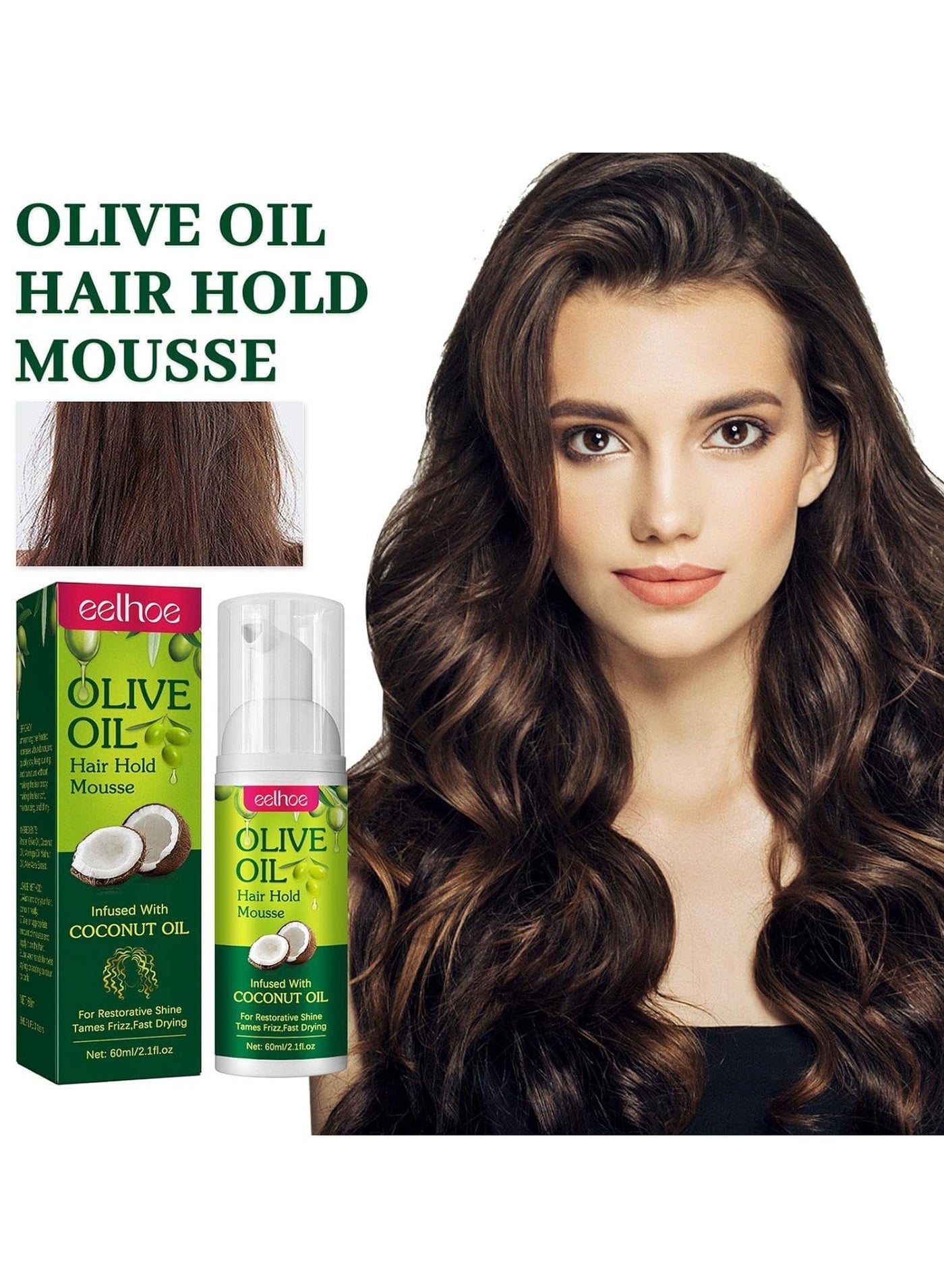 60ml Olive Oil Mousse For Hair - Hair Foam Mousse Olive Oil - Hair Mousse Styling Olive Oil | Frizz Control Curly Hair Mousse For Women, Braids, Wraps, Wigs, Waves, Curls, Long-lasting Smooth Hold