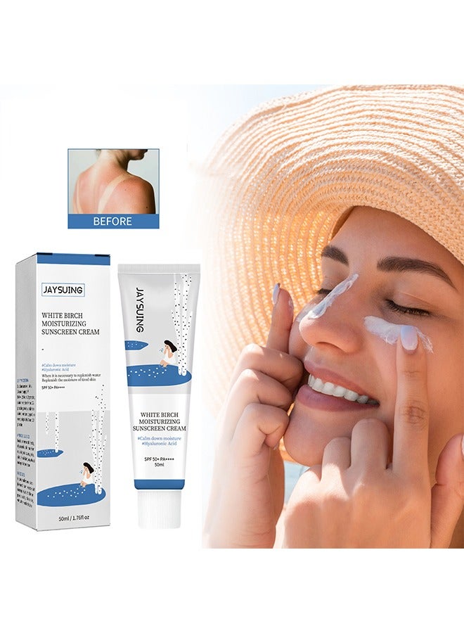 White Birch Moisturizing Sunscreen Cream,SPF50+ Whiening Sunscreen, Brightening & Refreshing UV Protector, Waterproof Strong Hydrating Cream  For Women Men 50ml