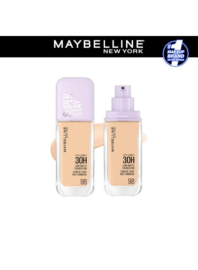 MAYBELLINE SUPER STAY LUMI-MATTE FOUNDATION 30H LONGWEAR, LIGHTWEIGHT, WATERPROOF, SWEATPROOF, HEATPROOF, STAY TRUE TO TONE ALL DAY, 98