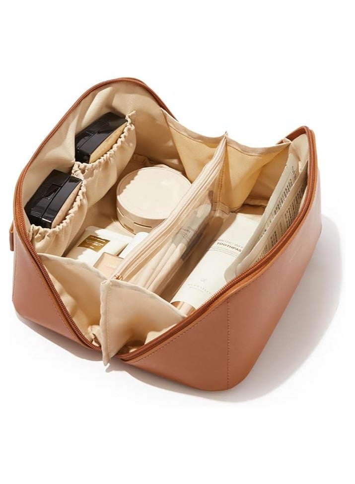 Travel Makeup Bag, Large Capacity Cosmetic Bags for Women,Waterproof Portable Pouch Open Flat Toiletry Bag Make up Organizer with Divider and Handle