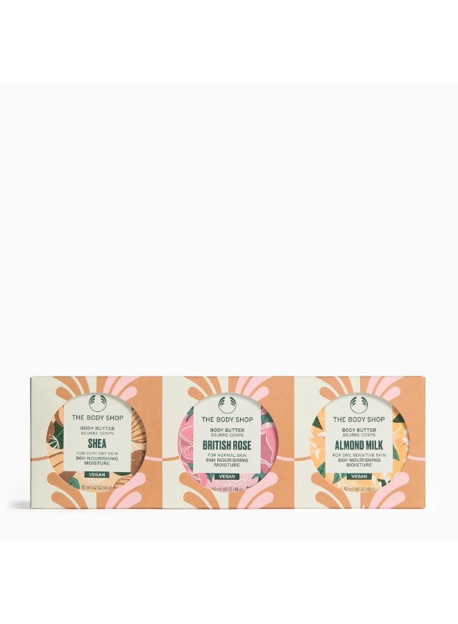 Body Butter Trio Gift Set – Body Butter (50 Ml × 3) Shea, Almond Milk And British Rose) – Deep Nourishing Moisture And Luxury Fragrance Trio For Soft, Smooth Skin
