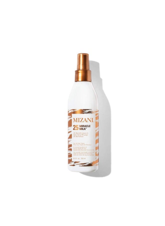Mizani 25 Benefit Miracle Milk - Leave in Conditioner for Curly Hair, With Coconut Oil, Curl Detangler Spray, Anti Frizz Heat Protectant, No Drying Alcohols, Paraben-Free, 8.5 Fl Oz