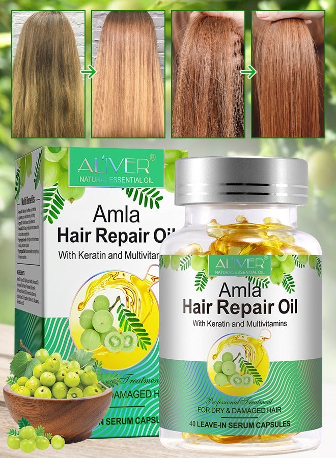 40 Pcs Amla Hair Repair Oil Capsules Organic Amla Oil with Keratin & Multivitamins Amla Hair Repair Oil Shines Nourishing Repair Dry & Damaged Hair Treatment Leave-In Serum
