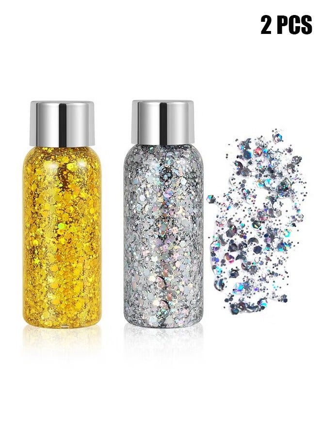 2 Color Body Glitter Gel Mermaid Scale Sequins Skin Long Lasting Sparkling Cream Eyeshadow Lip Nail Hair Painting Glitter Decorate Art Festival Party Make up Powder(Gold,Silver)