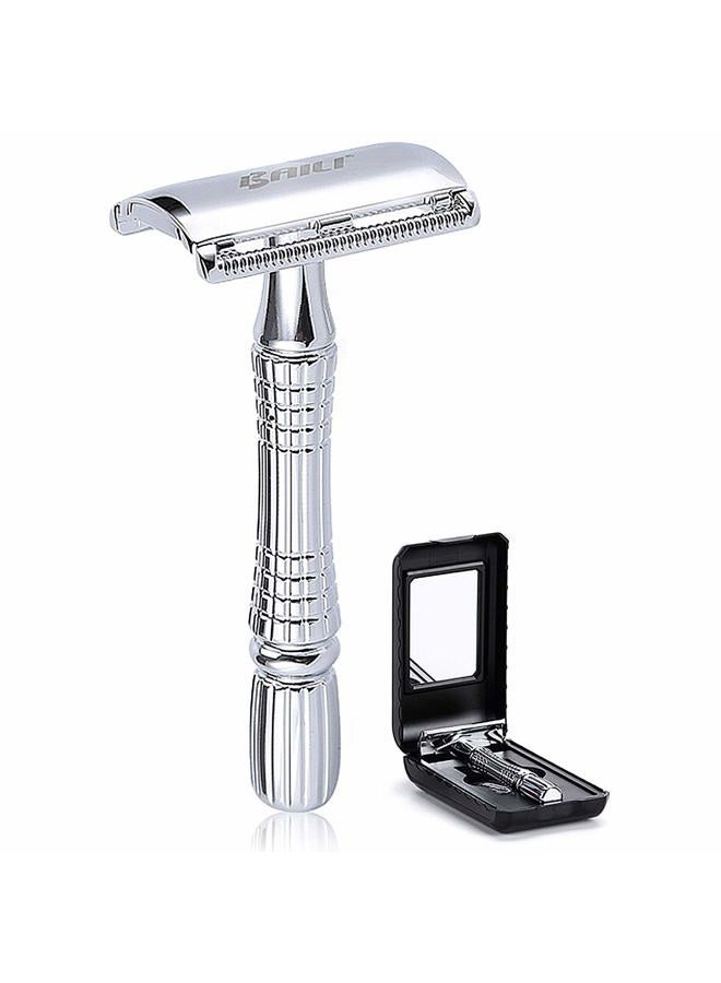 Classic 3-Piece Double Edge Safety Razor Wet Shaving for Men Women with Platinum Blade and Mirrored Travel Case BD176