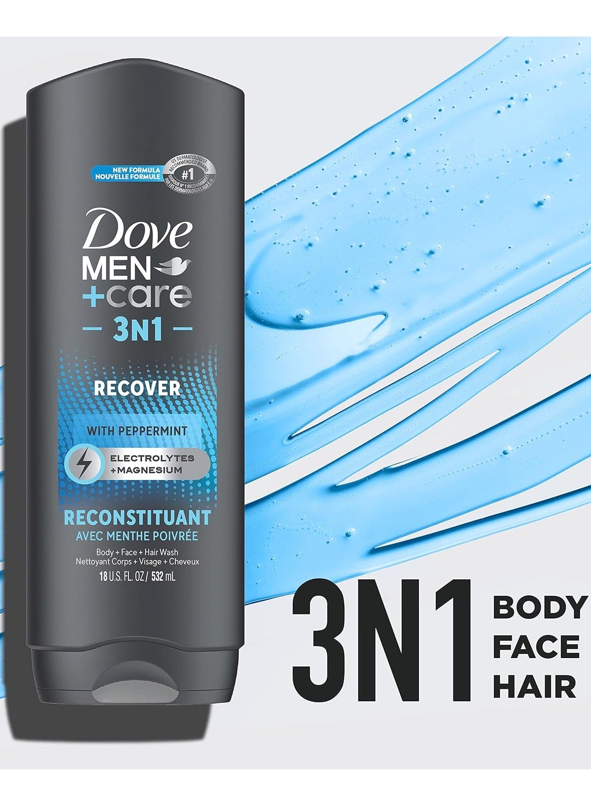 Dove Men+Care Post-Workout 3-IN-1 (Body + Face + Hair Wash) With Peppermint Infused with Electrolytes + Magnesium 532ml