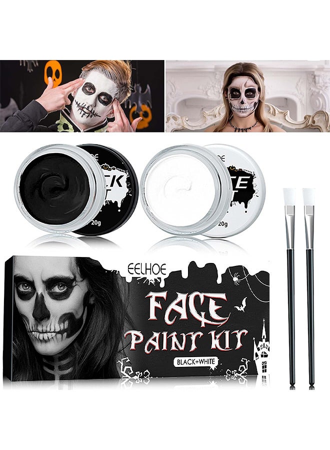 Black White Face Body Paint Kit, Body Paint Non Toxic Face Painting Kits With 2 Professional Paint Brushes For Adult Kids, For Art Theater Party Cosplay, For Clown Zombie Cosplay Makeup