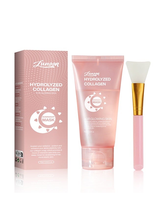 Collagen Night Wrapping Mask, Overnight Peel Off Hydrolyzed Collagen Facial Mask for Elasticity & Hydration, Tight Skin, Reduce Sagging & Dullness, 75ml (Brush Included)