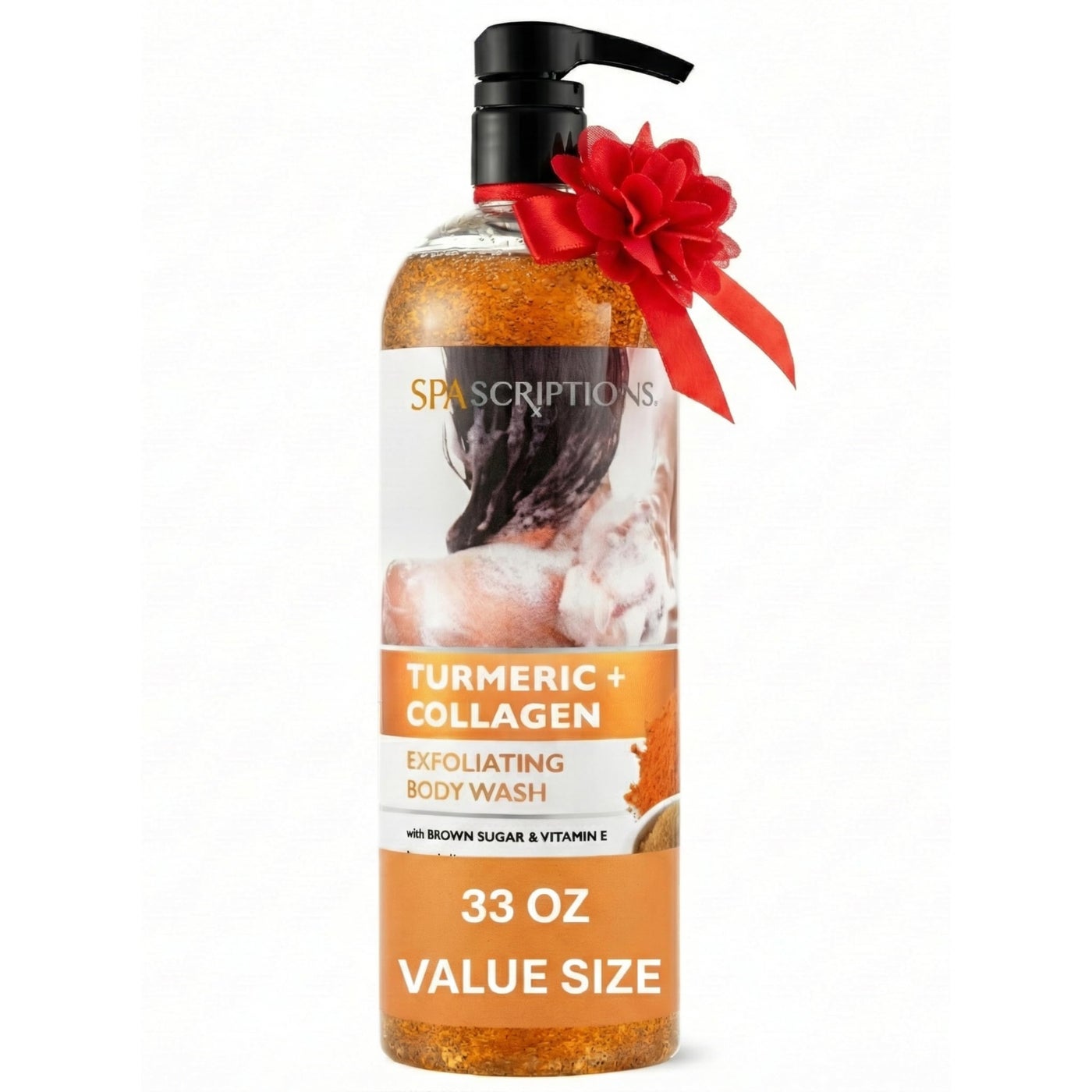 SpaScriptions Turmeric & Collagen Body Wash - Gentle Exfoliating with Brightening Turmeric, Brown Sugar, & Vitamin E Scented Scrub for Glowing, Hydrated Skin, pH Balanced, Paraben Free, 33 fl oz