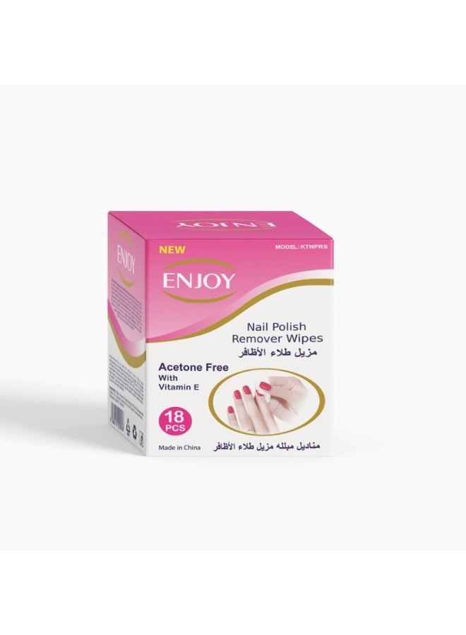 Enjoy Nail Polish Remover Wipes – 18 PCS – Acetone-Free with Vitamin E for Gentle Nail Care – Individually Wrapped – Portable & Quick Clean Solution