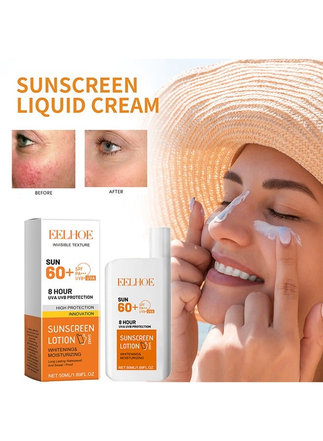 Invisible Texture Sunscreen Lotion, 8 Hour UVA UVB Protection, Sunscreen Lotion, Whitening Moisturizing Non-Greasy Water Resistant Sunscreen Gel Cream, SPF 60+, for Face and Body 50ml