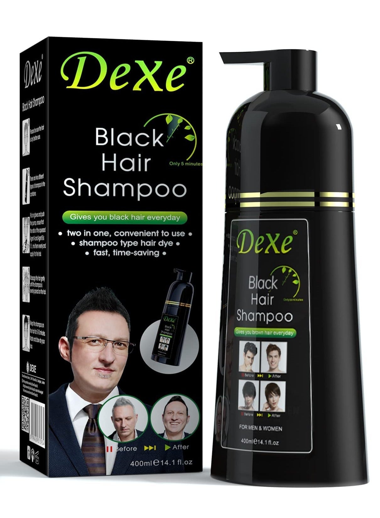Dexe Black Hair Shampoo Dye 400ml – 2-in-1 Daily Colorant & Developer, 100% Gray Coverage, For Men & Women