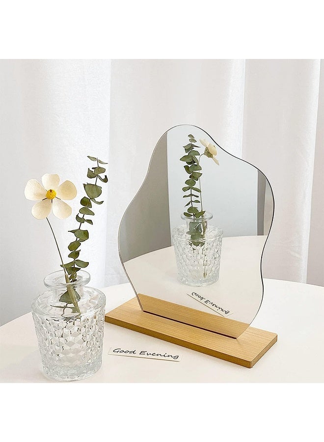 TPGP Acrylic Makeup Mirror Frameless Table Mirror Decorative Irregular Mirror Small With Wooden Base Cosmetic Table Mirror For Bedroom Living Room Hotels Room Decoration Aesthetic