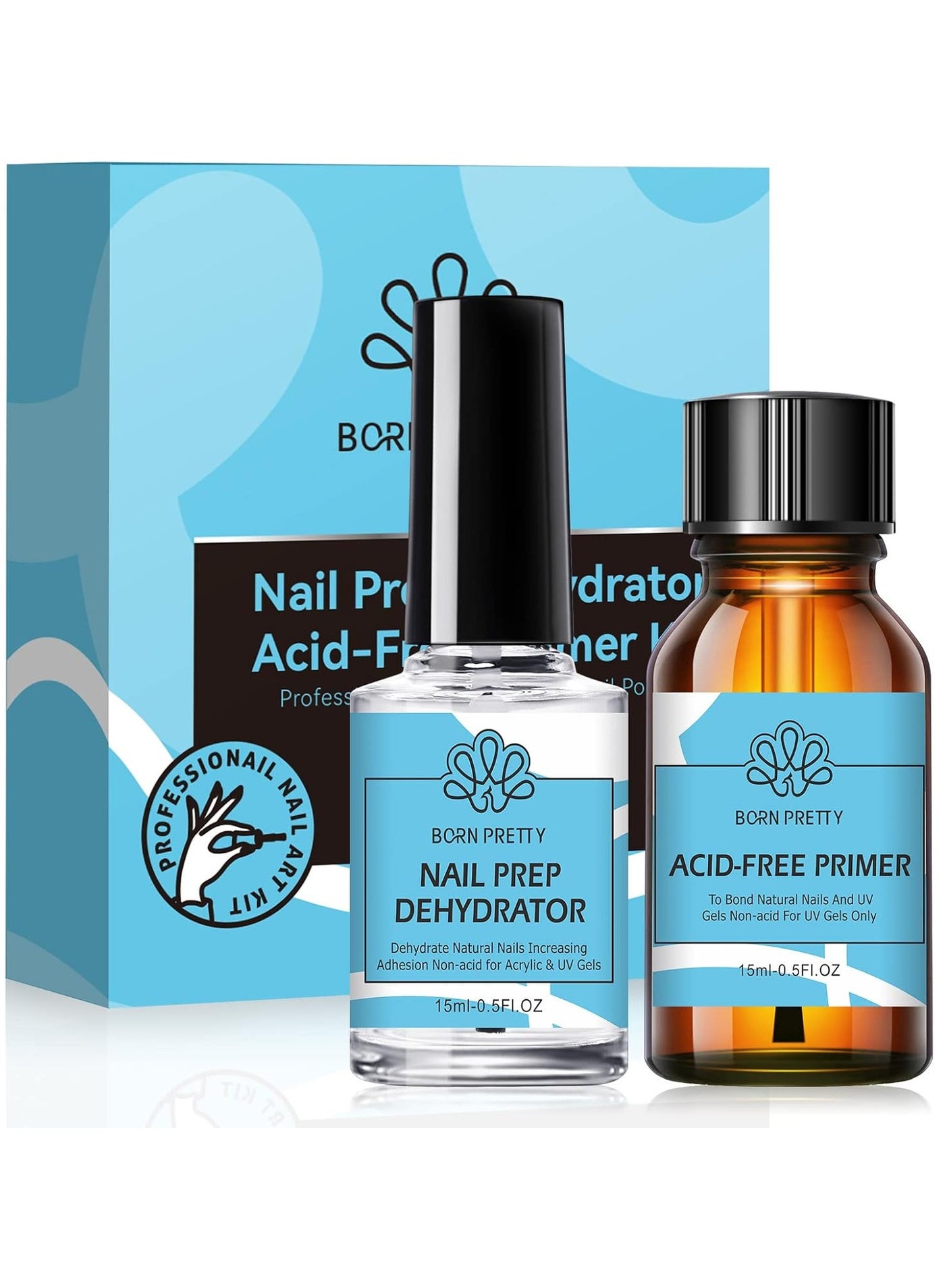 BORN PRETTY Nail Dehydrator and Primer Set, Acid Free Natural Nail Prep Dehydrate & Nail Bond Primer Set Fast Air Dry for Gel Nail Polish and Acrylic Powder Nail Supplies Set 0.5oz