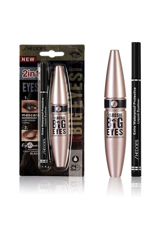 Big Eyes,2IN1- Mascara+Eyeliner, Waterproof Eye Makeup Duo, Enhance Your Gaze with Natural Lasting Lift & Curl for Lashes and Pigmented Smudge-Proof Eye Liner